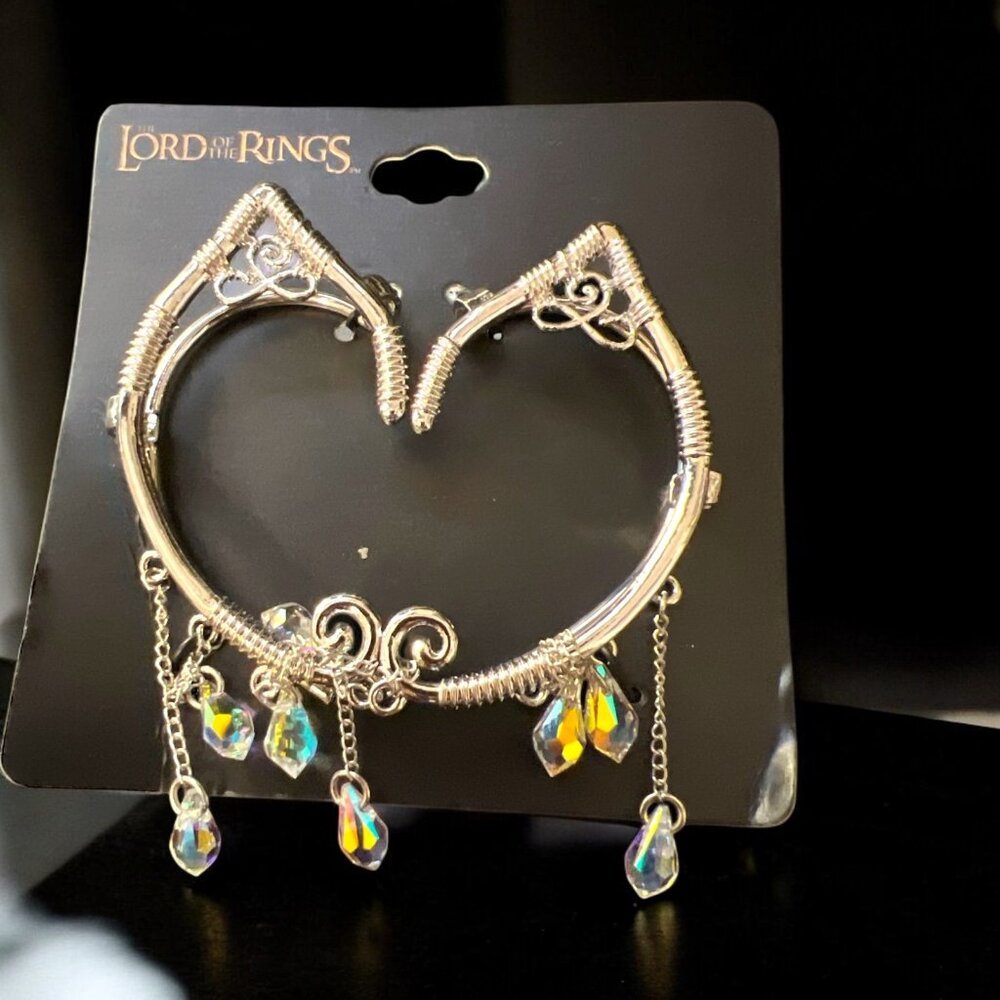 Lord of the Rings Elf Elven Ears Silver Earrings w Dangling Crystals - NEW
